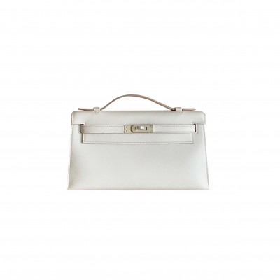 HERMÈS KELLY CLUTCH SWIFT M4 MILK GRAY SILVER (22*14*7cm) 